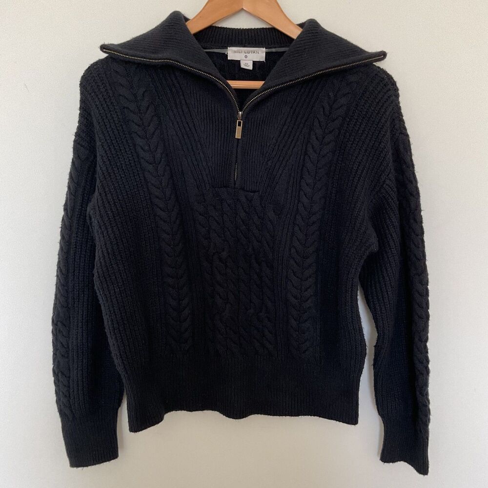 Nili Lotan Target Chunky Cable Knit Quarter Zip Sweater XS Black Cotton Wool